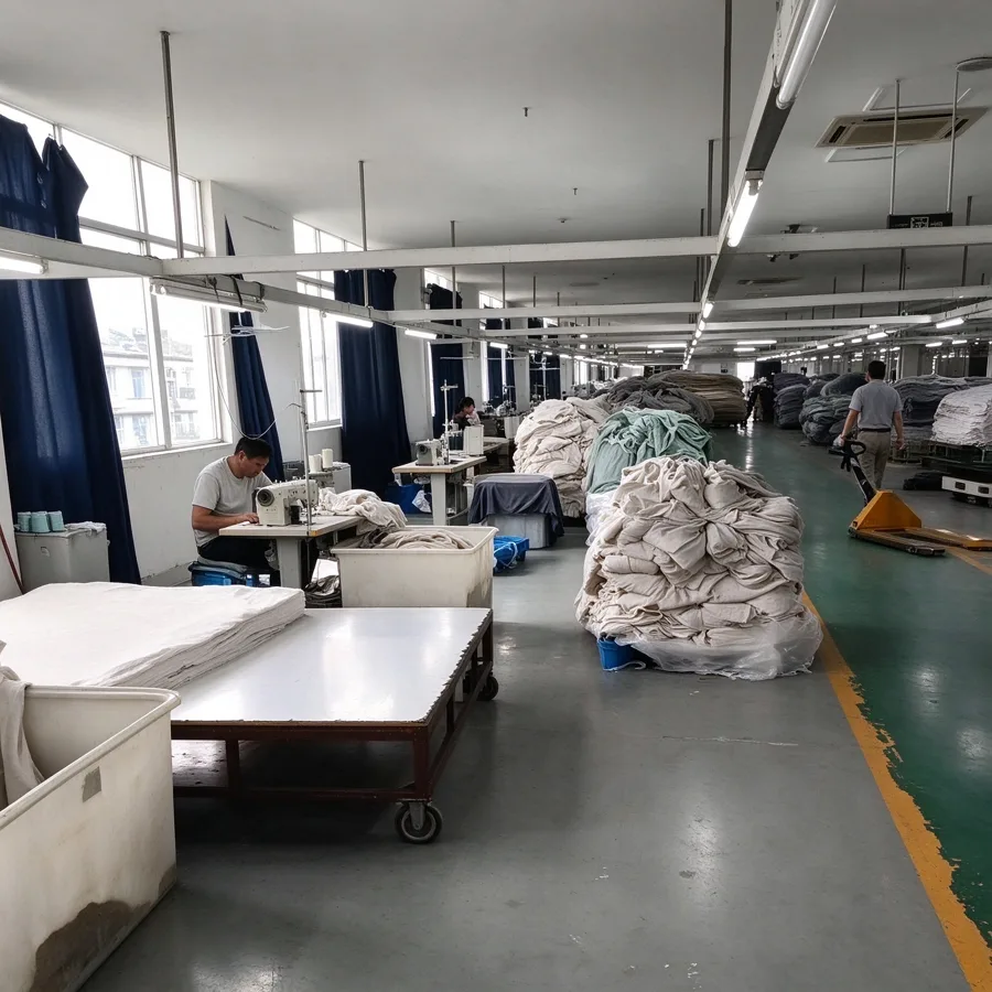 Sewing workshop with industrial sewing machines and WIP fabric piles