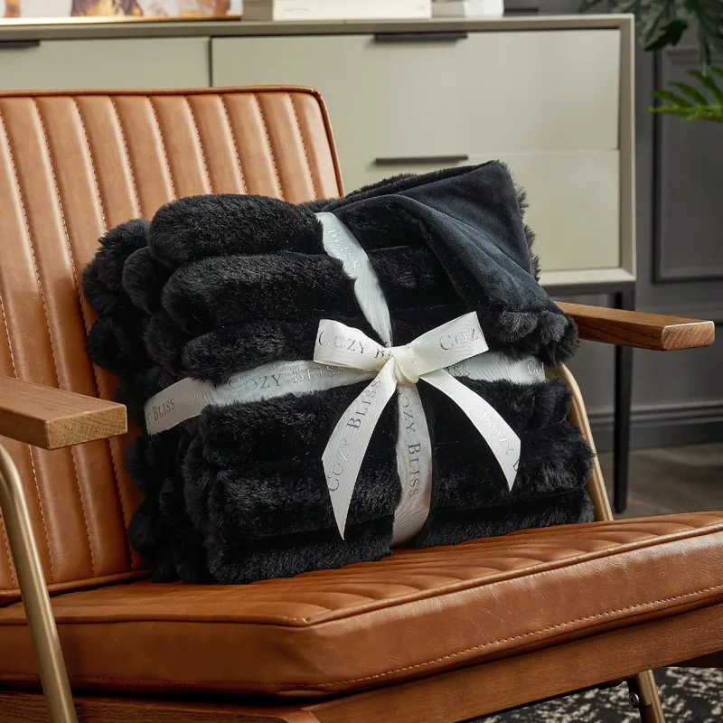 Black faux rabbit fur throw blanket with gift ribbon
