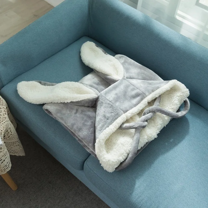 Gray bunny-ear hooded wearable blanket with sherpa lining