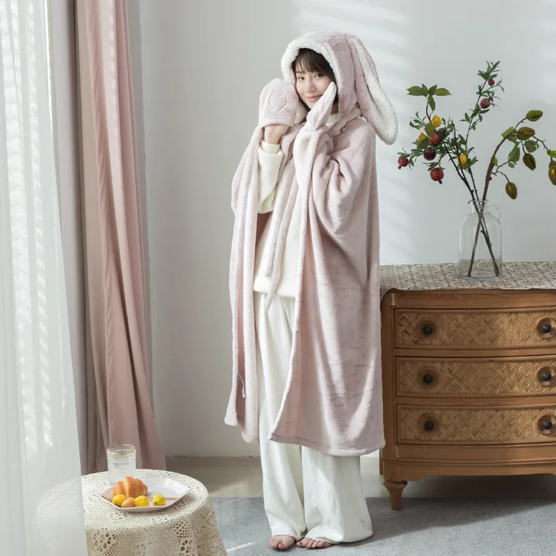 Pink bunny-ear hooded wearable blanket, style two