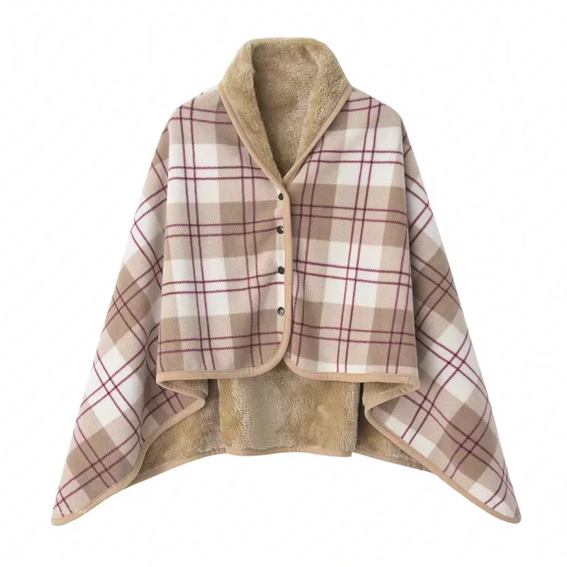 Beige and rose plaid button poncho blanket
