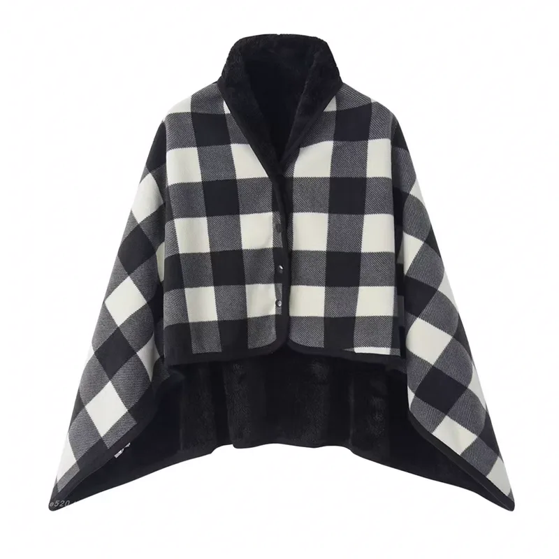 Buffalo plaid wearable blanket poncho with sherpa lining